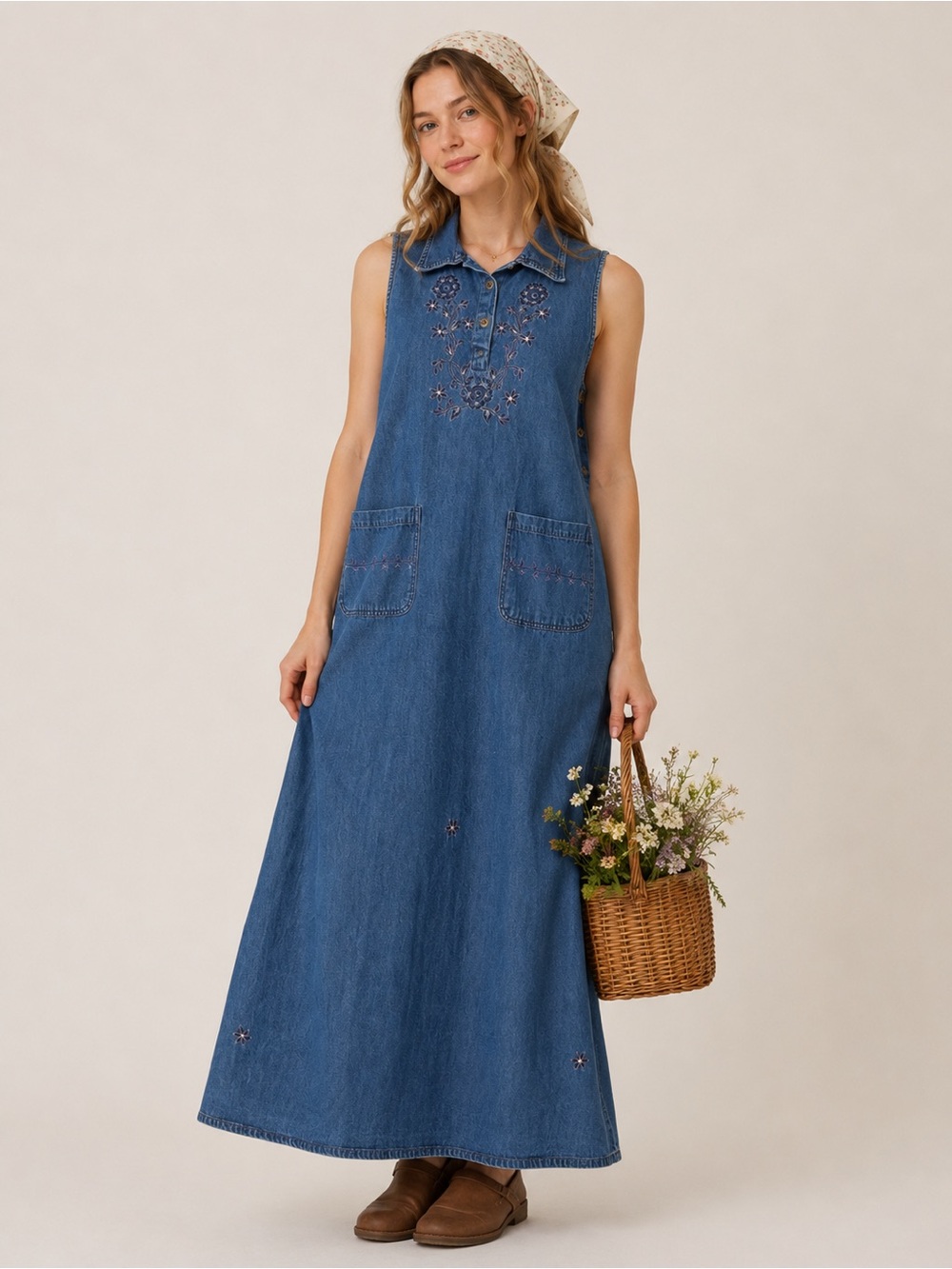 Vintage Prairiecore Floral Embroidered Denim Maxi Dress Cottagecore Western Boho